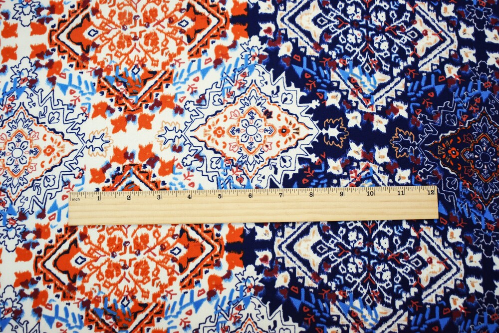 Deep Blue-Orange-Multi Aztec Printed Momie Crepe Georgette Woven Fabric By the Yard