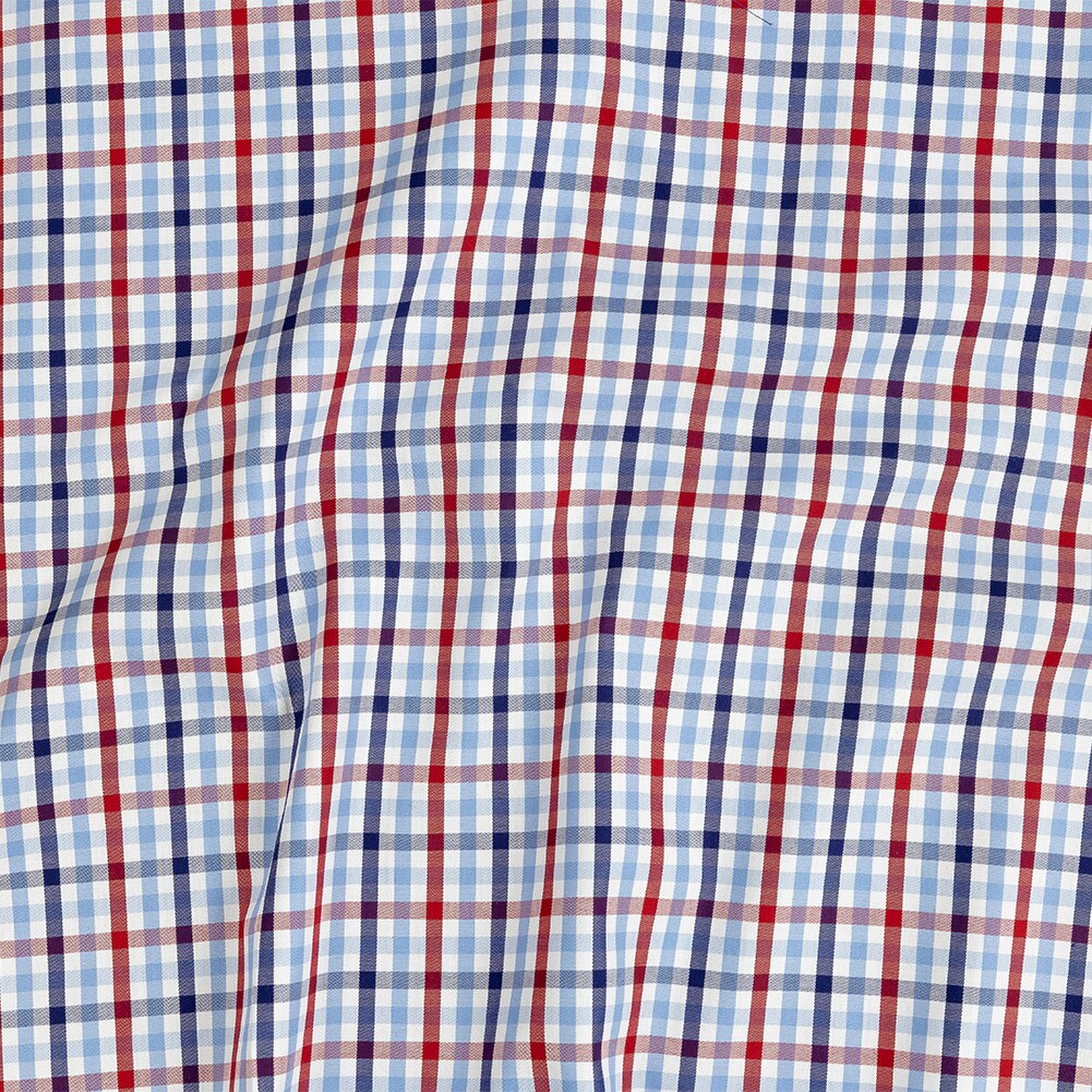 1 Yard Premium Tomato Puree White and Blue Medium Tattersall Checkered Cotton Shirting Fabric