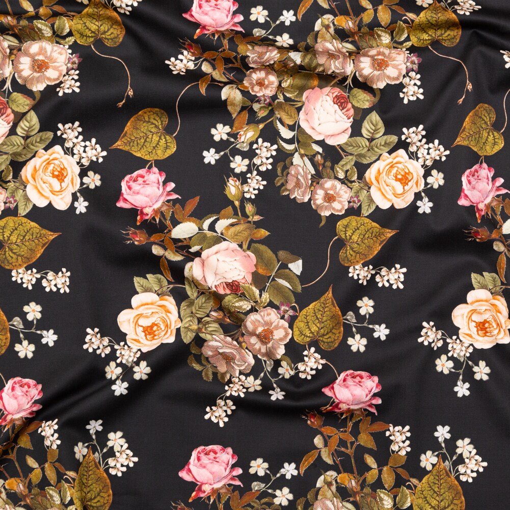 1 Yard Black & Pink Floral Stretch Cotton Sateen Fabric Blossoms of the Heart 55 inch Width