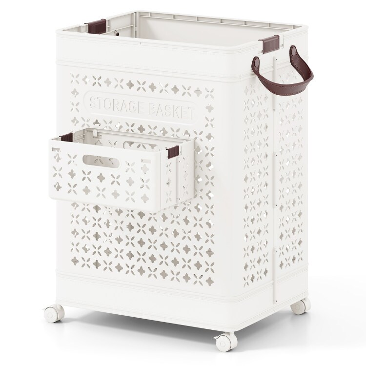 White Rolling Laundry Basket with Handles, Foldable 20 Gallon Hamper and Mini Hanging Basket