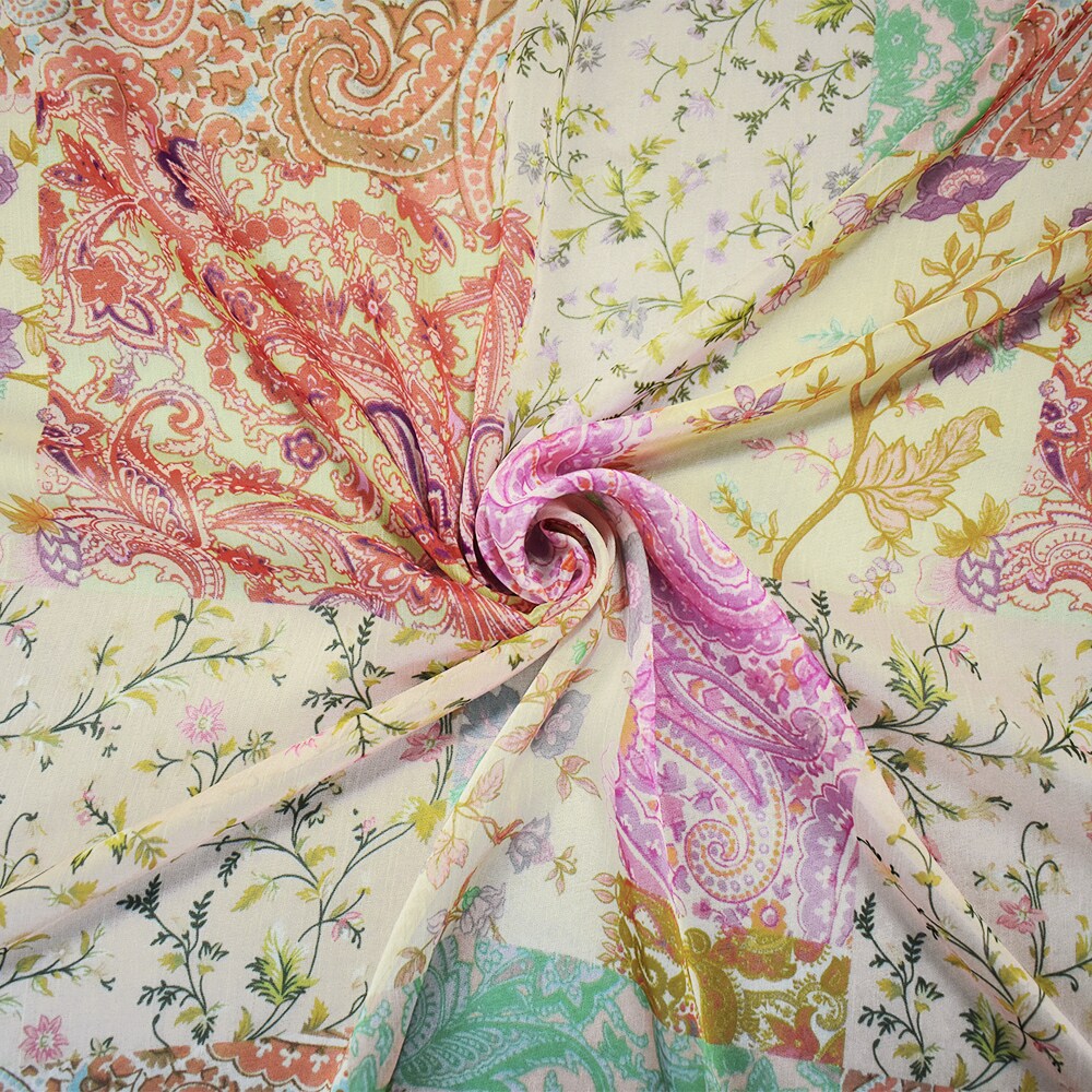 Pink-BeigeMulti Poly Ink Paisley Floral Printed Crinkle Yoryu Chiffon Woven Fabric By the Yard