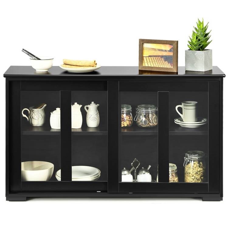Wood Buffet Sideboard Cabinet with Glass Sliding Doors and 2 Storage Shelves for Kitchen or Dining