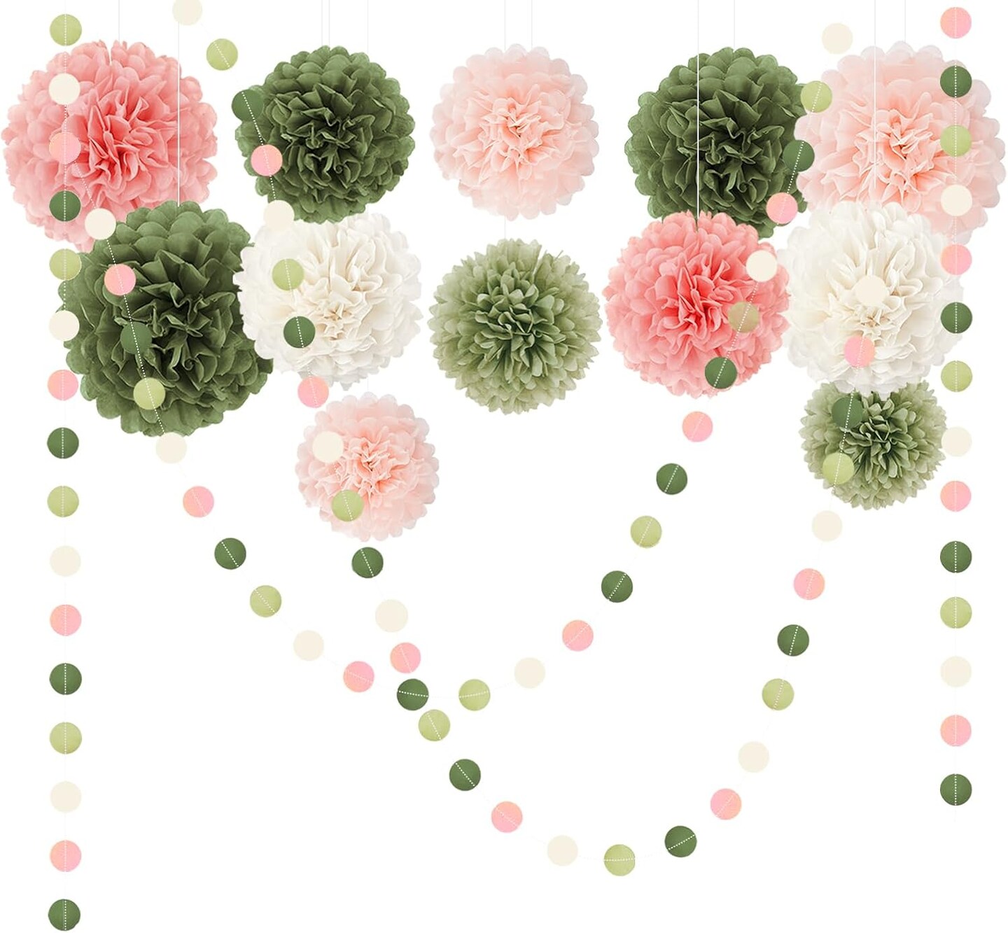 15 PCS Pink Sage Green Tissue Paper Pom Poms Dots(Pink Sage Green)