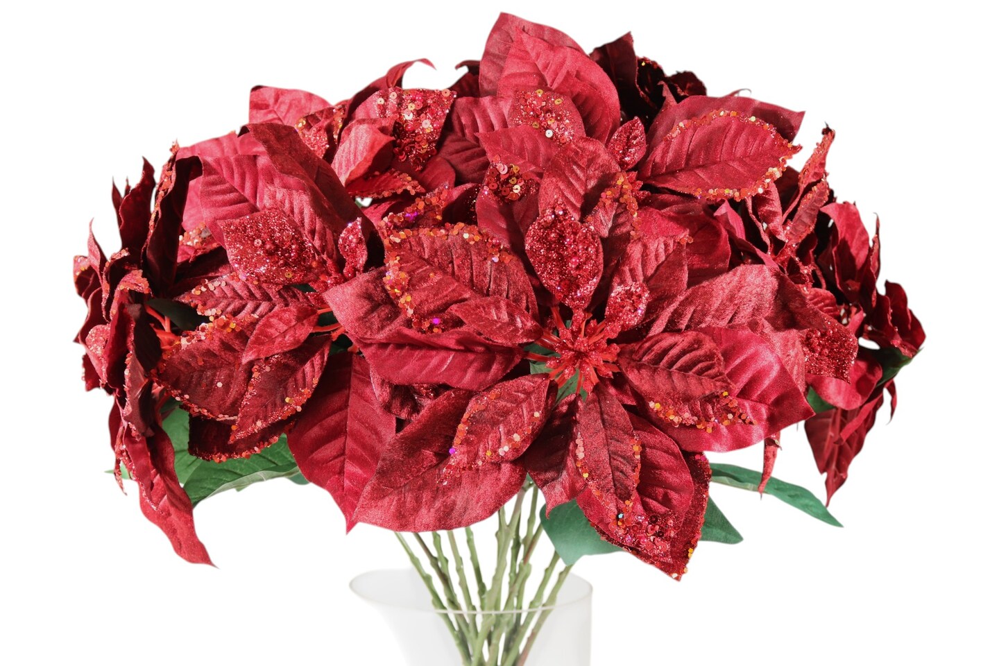 33&#x22; Poinsettia Burgundy&#x2013; Artificial Holiday Glitter D&#xE9;cor Flower, Christmas Faux Plant for Home, Wreaths &#x26; Centerpieces, Set of 3