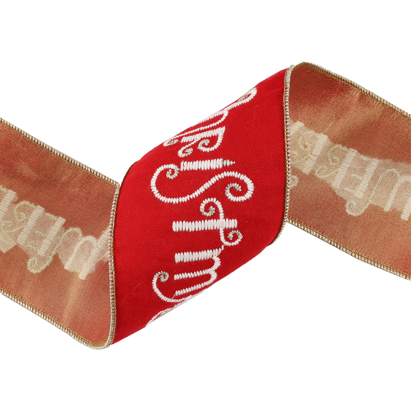 LaRibbons 4" Wired Ribbon | Merry Christmas Embroidered on Red Canvas w/ Tissue Backing | 5 Yard Roll