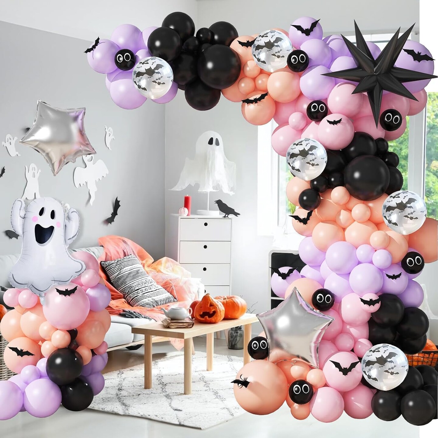Halloween Latex Balloon Garland Arch Kit with 3D Bat (Black Pink Purple)