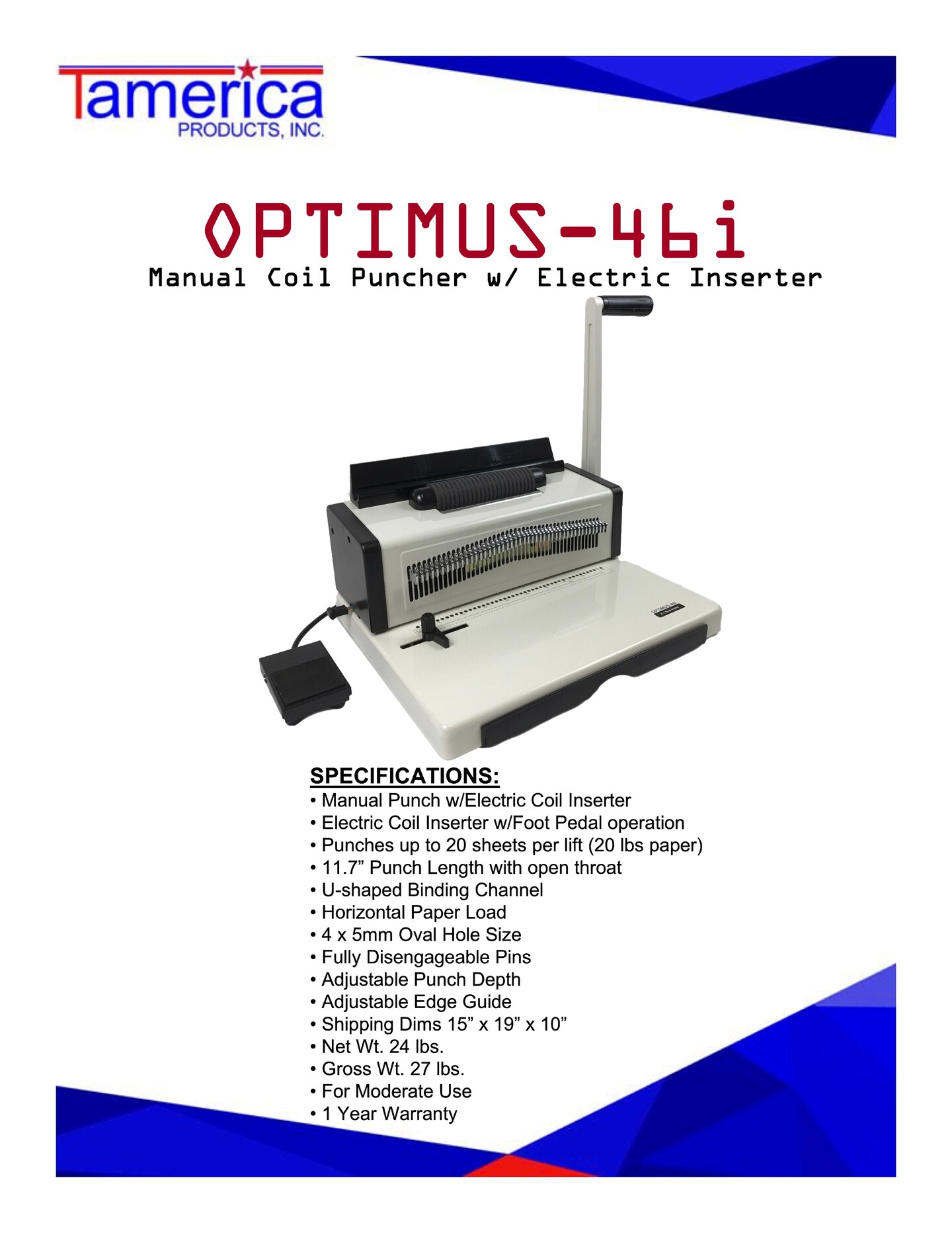 Tamerica Optimus-46i Optimus Series Manual Coil Puncher with Electric Inserter