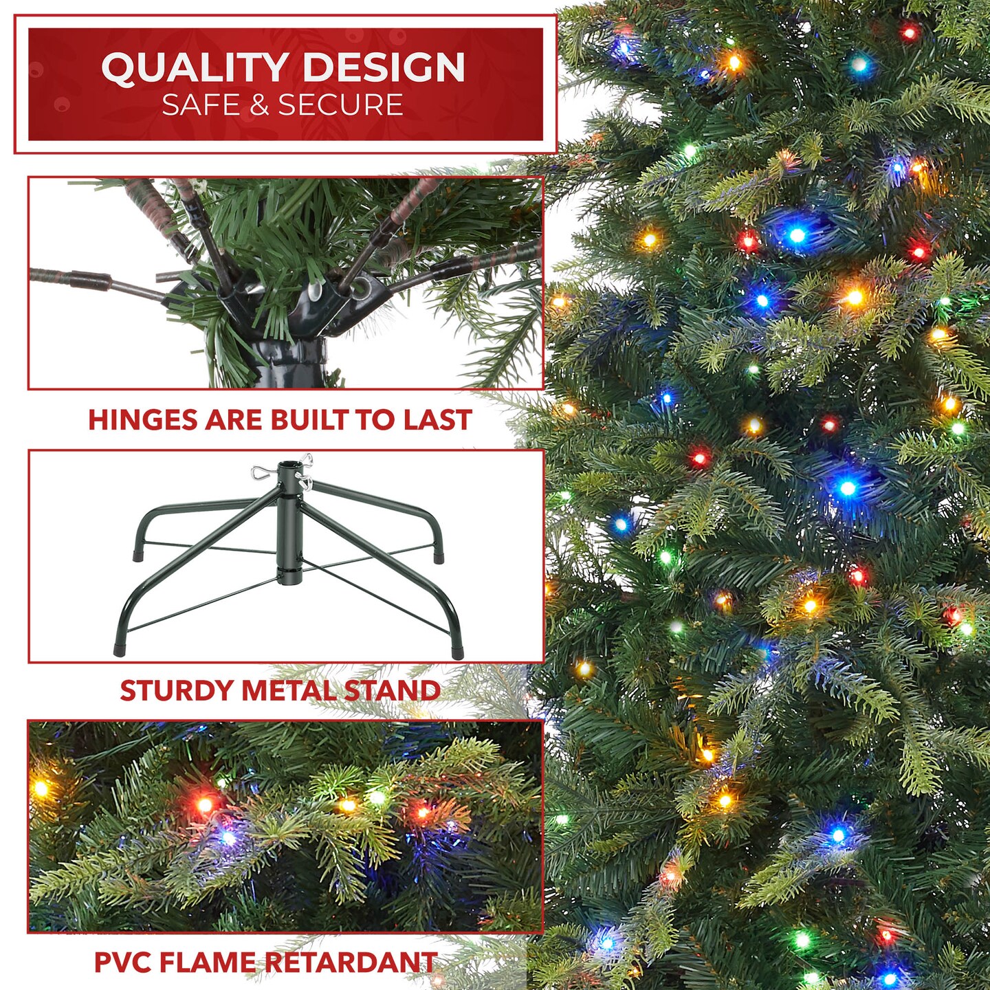 Casafield Pre-Lit Slim Aspen Fir Christmas Tree with White &#x26; Multicolored LED Lights, Realistic Artificial Noble Fir with Metal Stand
