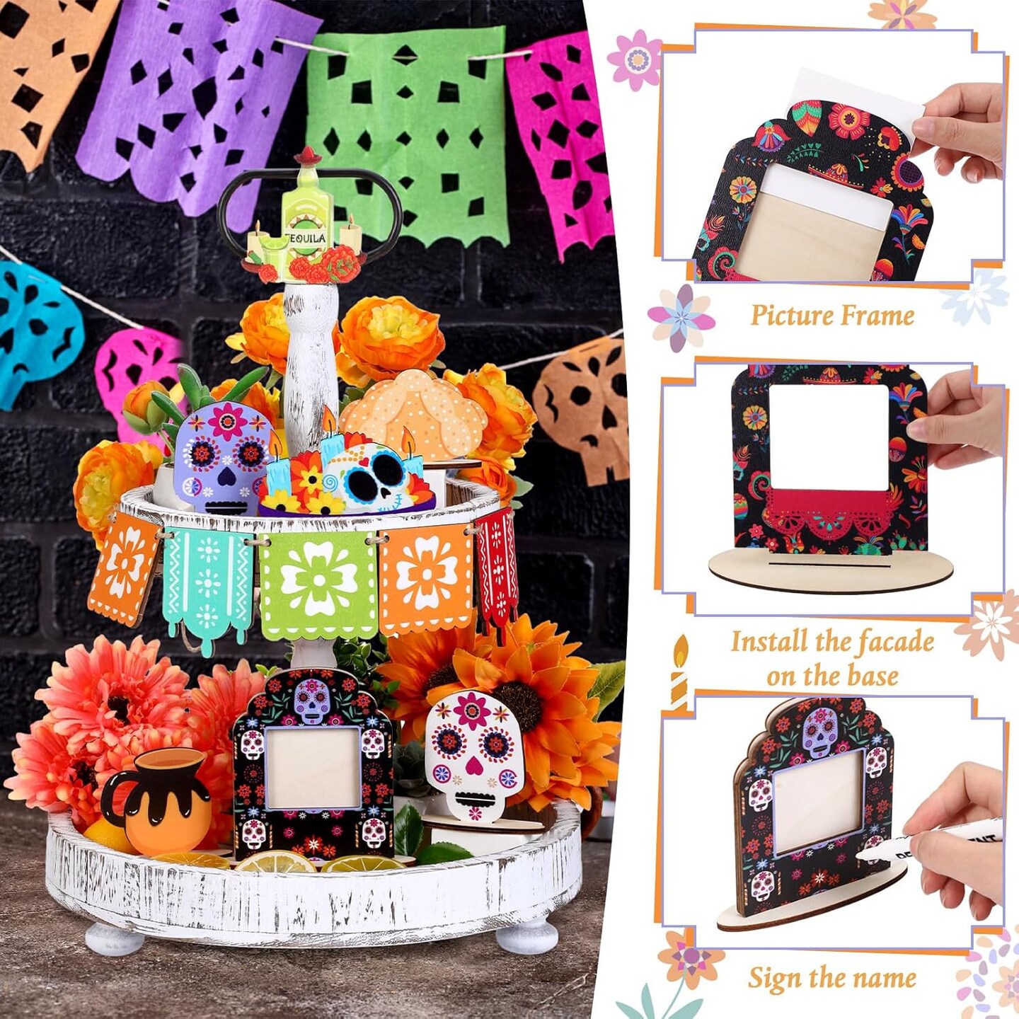 12 Pcs Day of The Dead Tiered Tray Decorations Dia De Los Muertos Decor Garlands Skull Candles