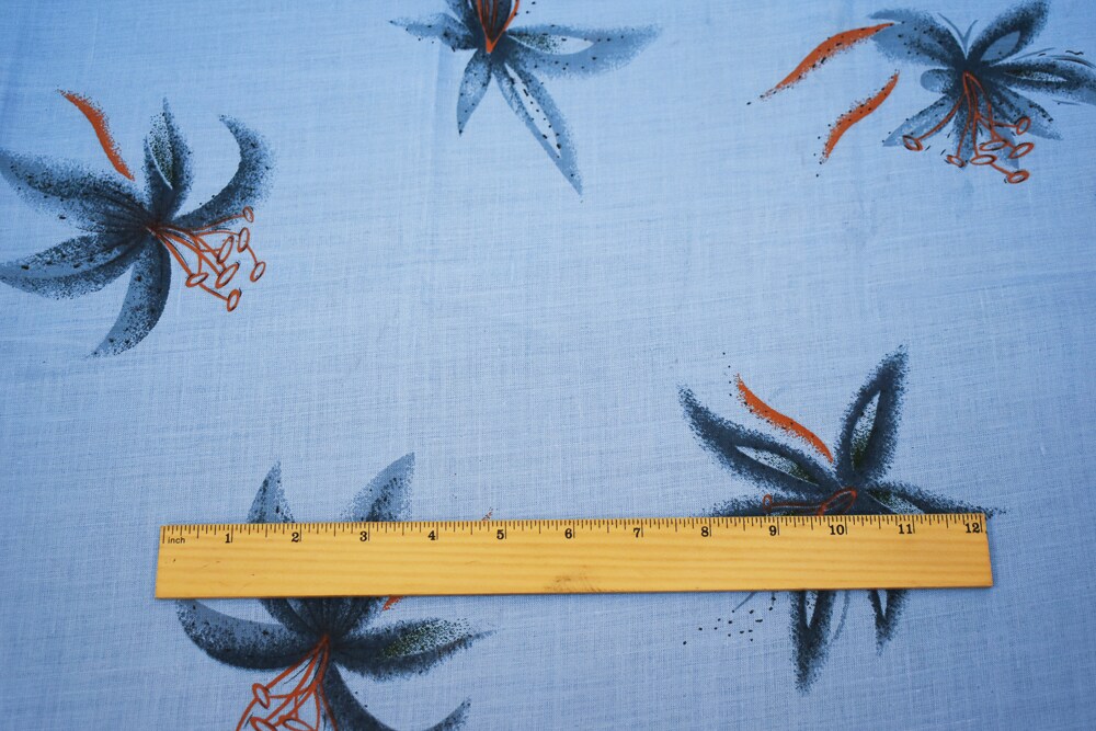 Blue-Orange-Multi Lily Printed Linen Woven Fabric By the Yard