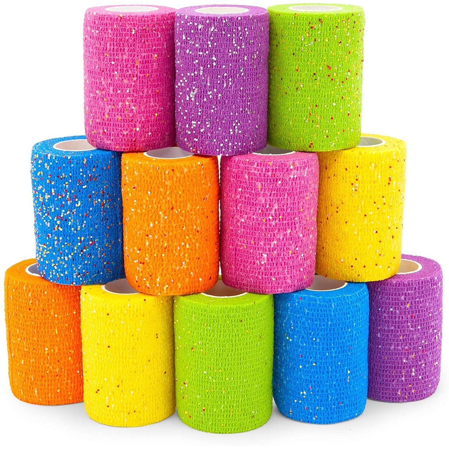 Self-Adherent Wrap, Glitter Cohesive Vet Tape for Pets (3x180 in, 12 Pack)