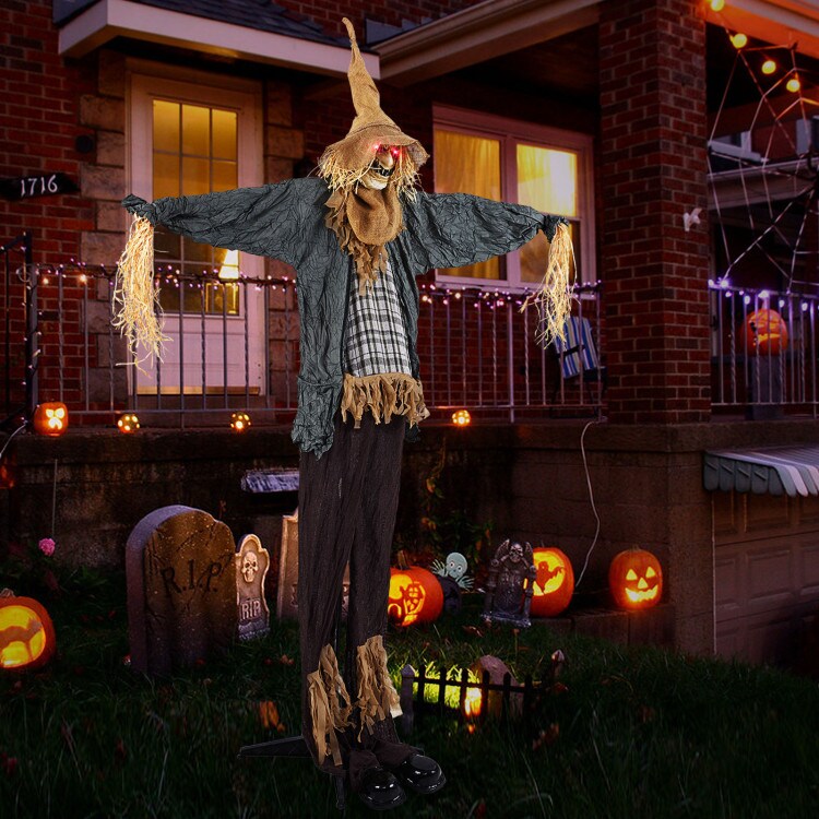 Life-Size 7ft Halloween Scarecrow Decoration with Sound-Activated Moving Hat and Glowing Eyes