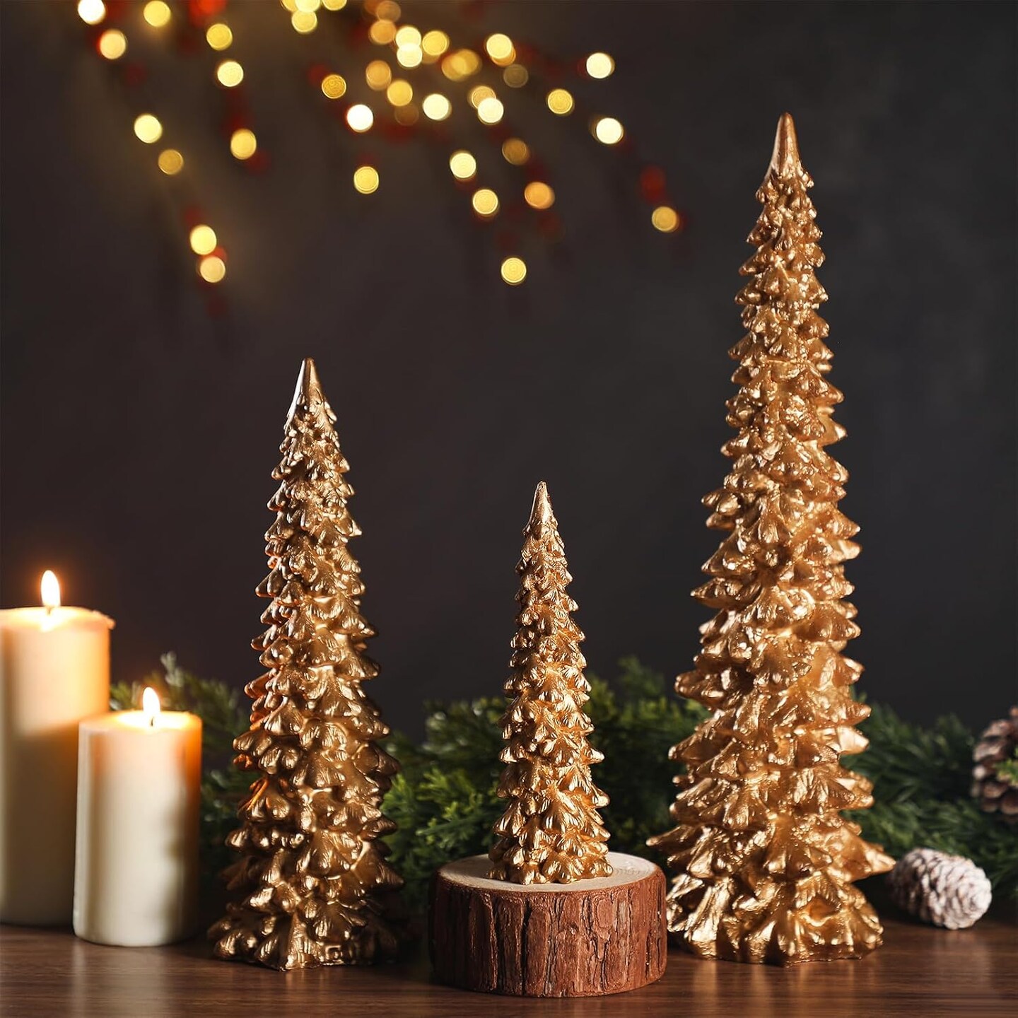 3PCS Gold Resin Christmas Tree Decoration - 13.8 Inch, 9.8 Inch, 5.9 Inch