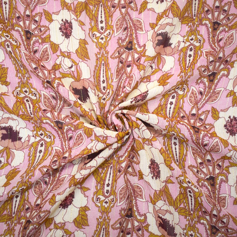 Pink-Gold-Multi Floral Printed Metallic Crinkle Yoryu Chiffon Woven Fabric By the Yard