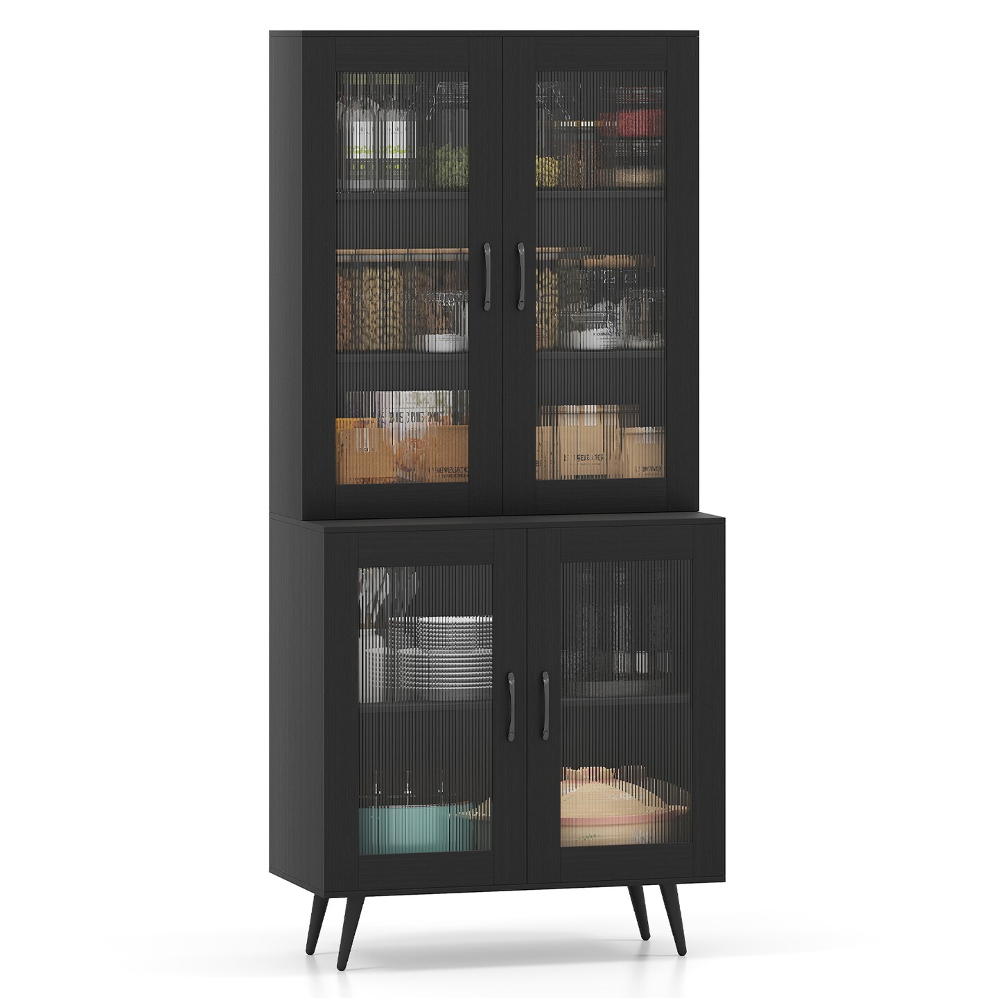 Modern 70" Tall Storage Cabinet with Glass Panel Doors and Adjustable Shelves for Kitchen or Dining