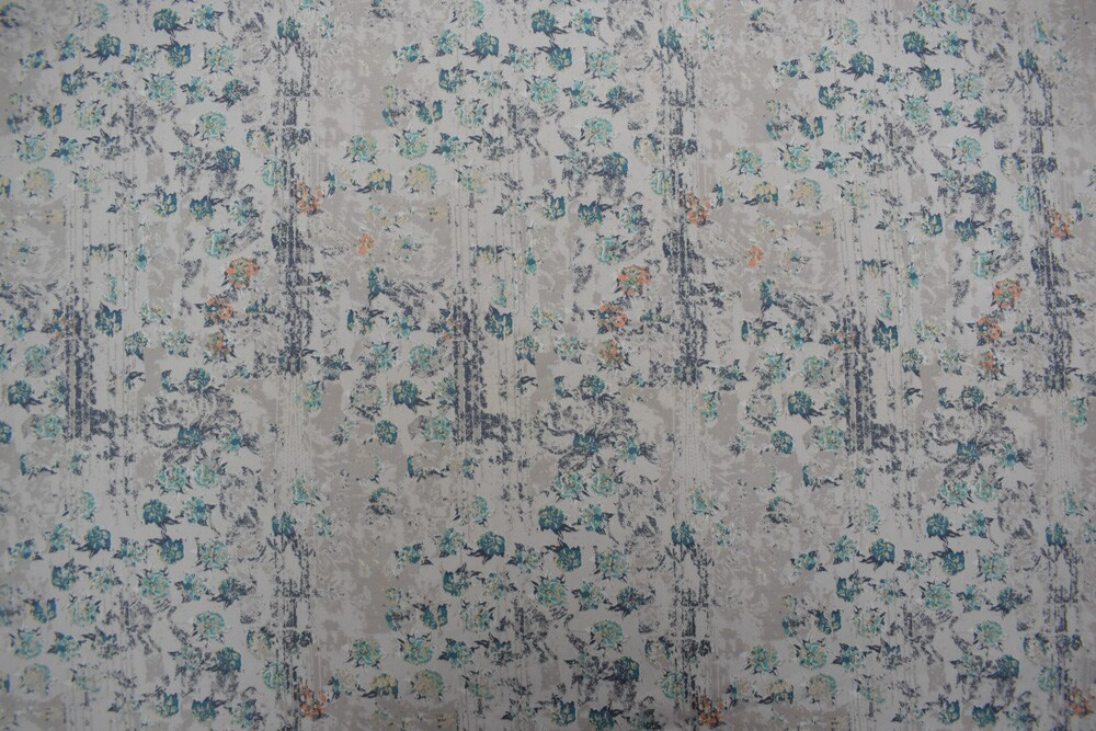 Teal-Multi Cotton Floral Texture Printed Stretch Twill Sateen Woven Fabric By the Yard