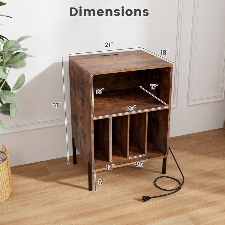MDF and Metal Turntable Stand with Open Shelf and 4 Record Compartments Built-in Charging Station