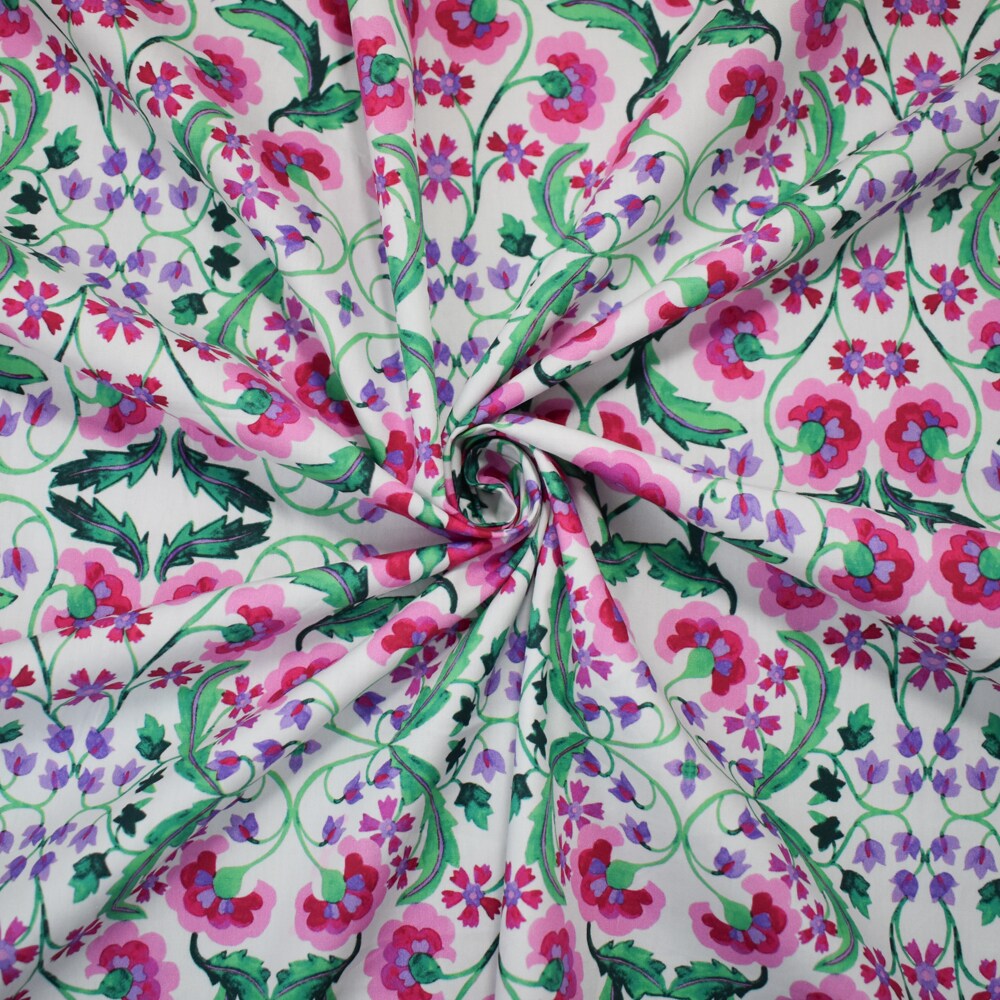 Pink-Purple-Green-Multi Cotton Floral Trellis Printed Broadcloth Woven Fabric By the Yard