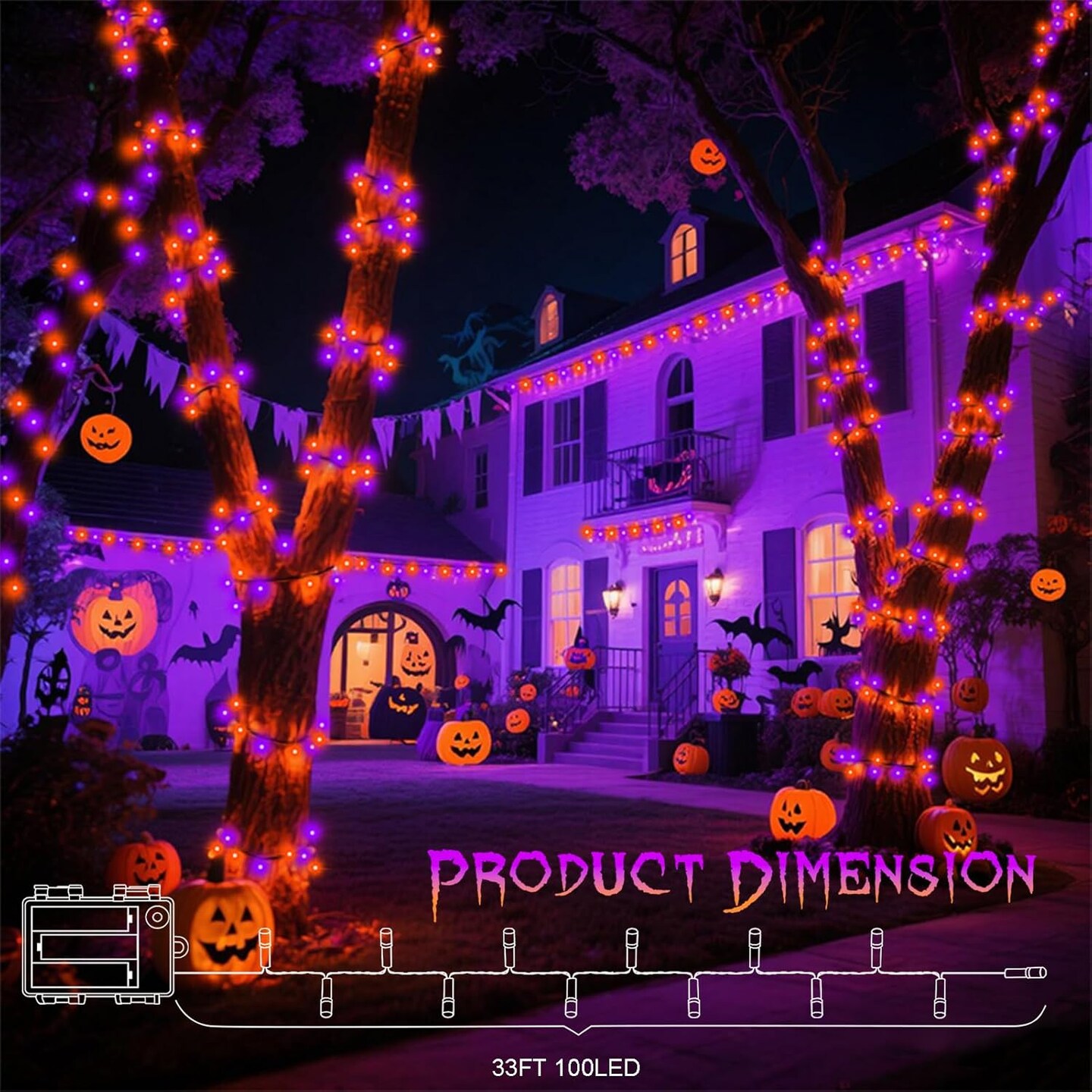 Orange Purple Halloween 33ft 100 LED String Lights Battery Operated (Warm White & Purple Orange)