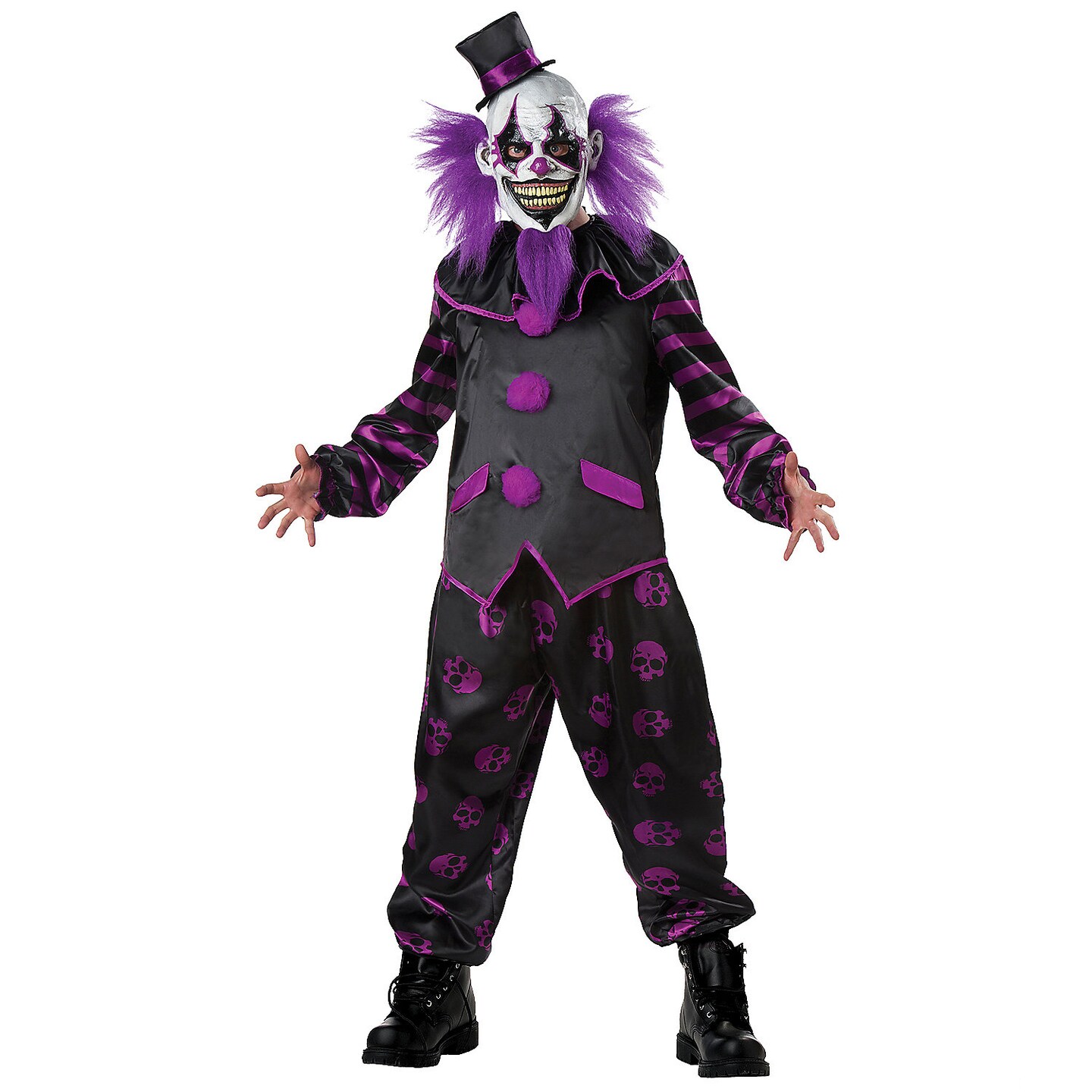 Men’s Bearded Clown Costume, Scary Carnival Outfit with Mask and Ruffle