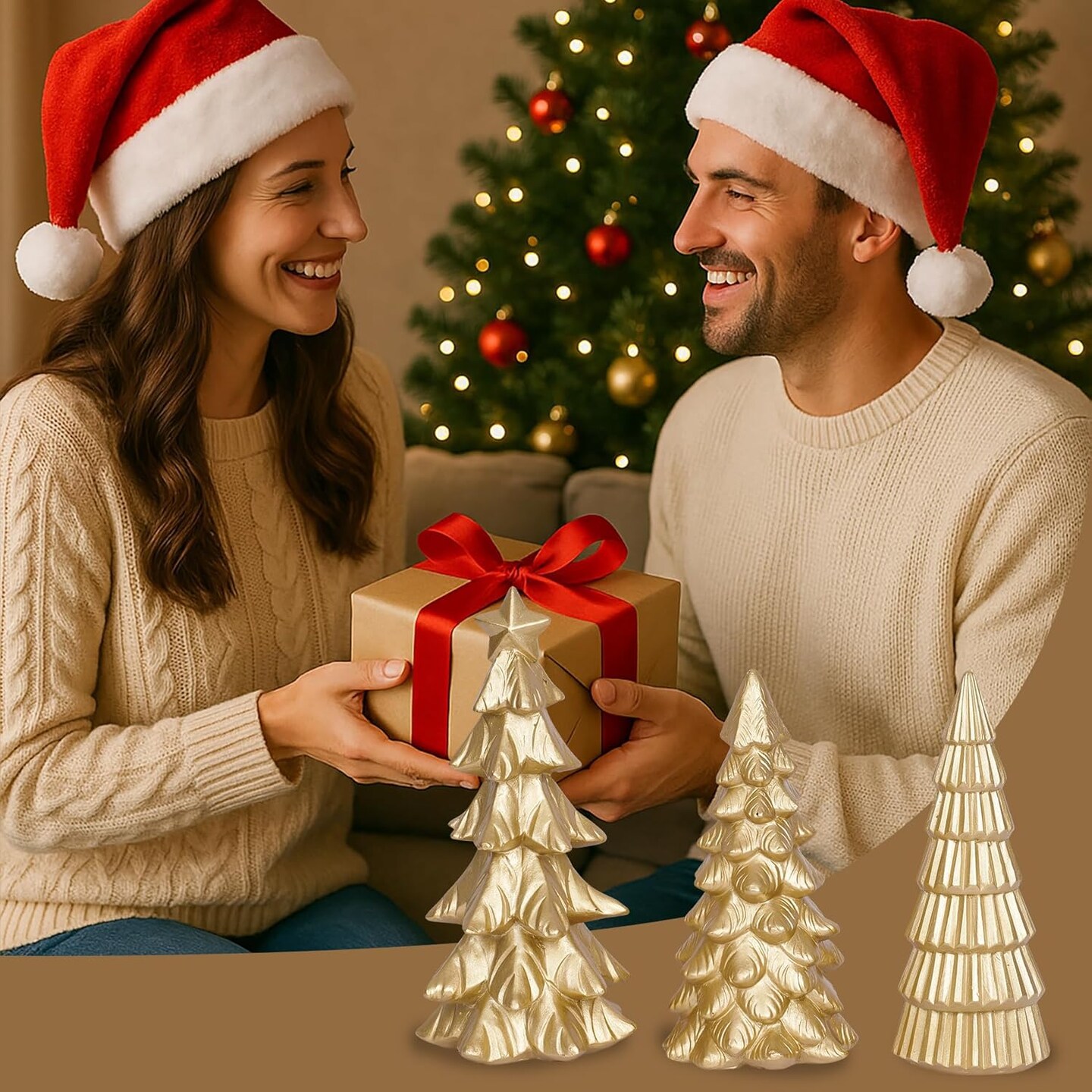 Set of 3 Christmas Tree Figurines Tabletop Decoration (Gold)