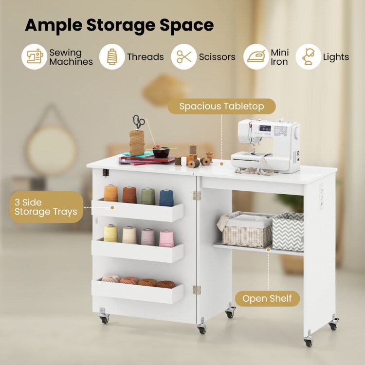 Portable Mobile Folding Sewing Cabinet with USB Charging Port and Multi-Tier Storage