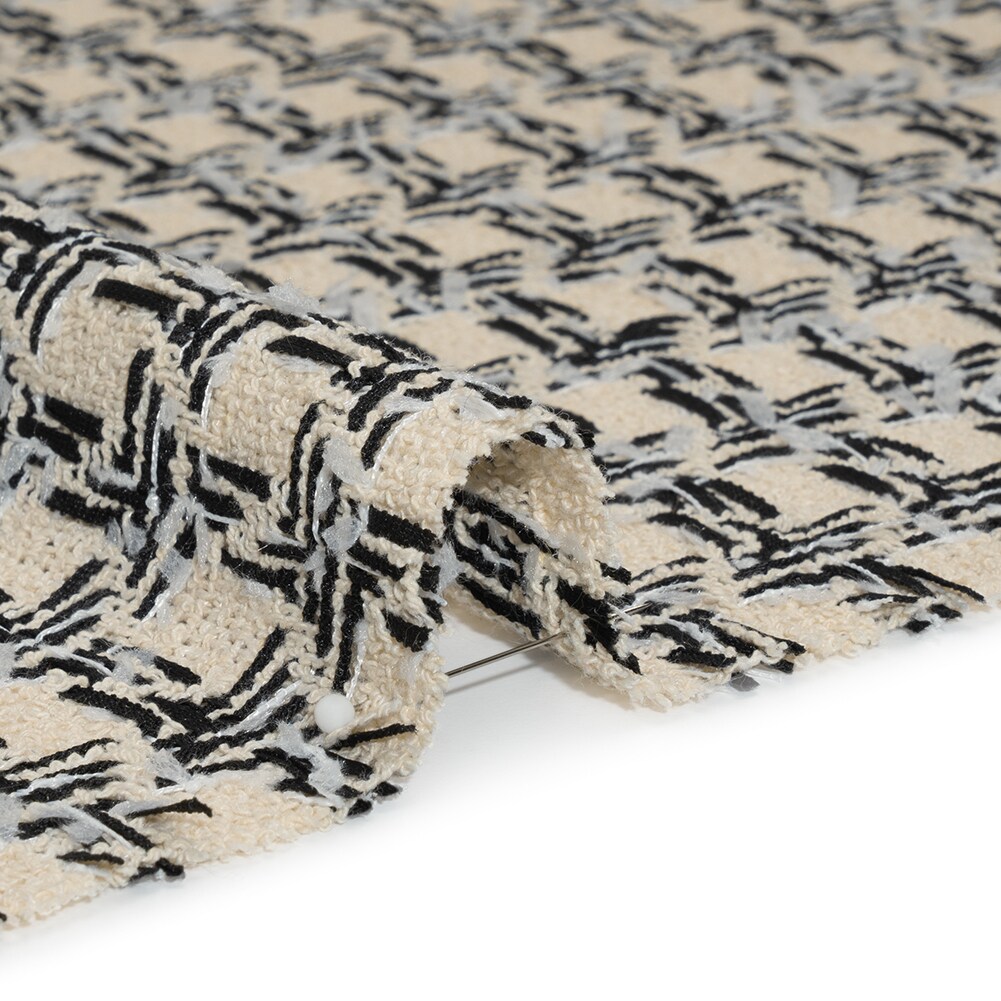 1 Yard Wool Blend Boucle Tweed Ivory and Black Houndstooth Deadstock