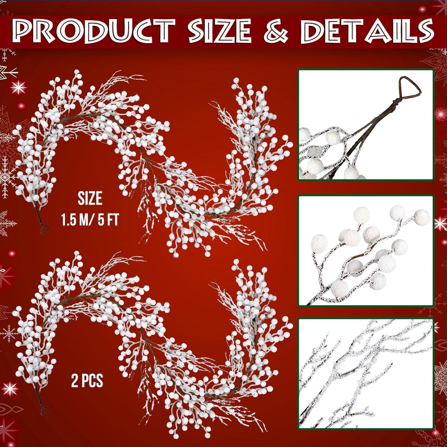 5 ft Christmas Berry Garland Christmas Tree Garland (White)