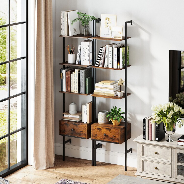 Rustic Brown-Black Metal Ladder Bookshelf with Drawer and 5 Open Shelves