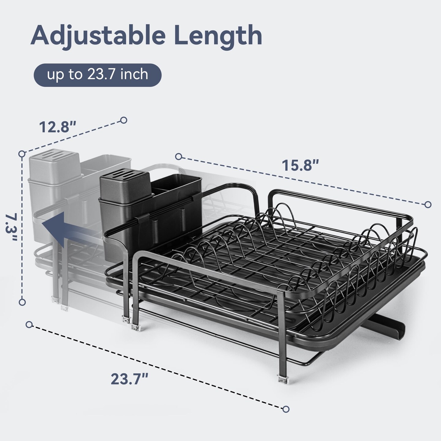 Extendable Dish Drying Rack, Adjustable Stainless Steel Dish Rack with Cutlery Holder & Drain Tray, Fits 19.2”–26.7”, Black
