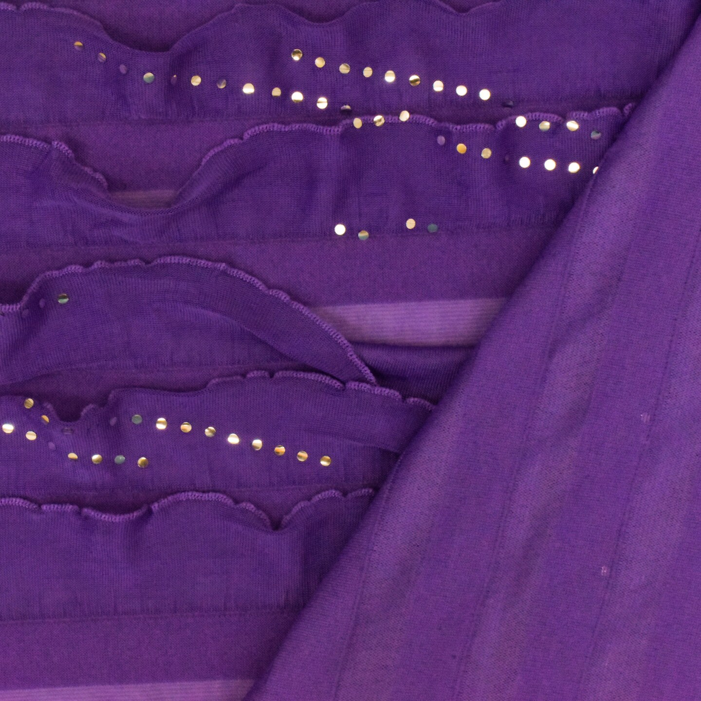 Ultra Purple-Silver Foil Dot Printed Stretch Poly Ruffle Knit Fabric By the Yard