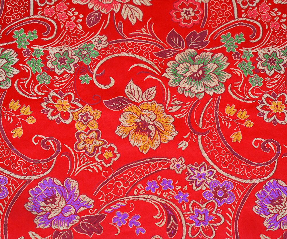 Red-Yellow-Multi Polyester Floral Chinese Brocade Woven Fabric By the Yard