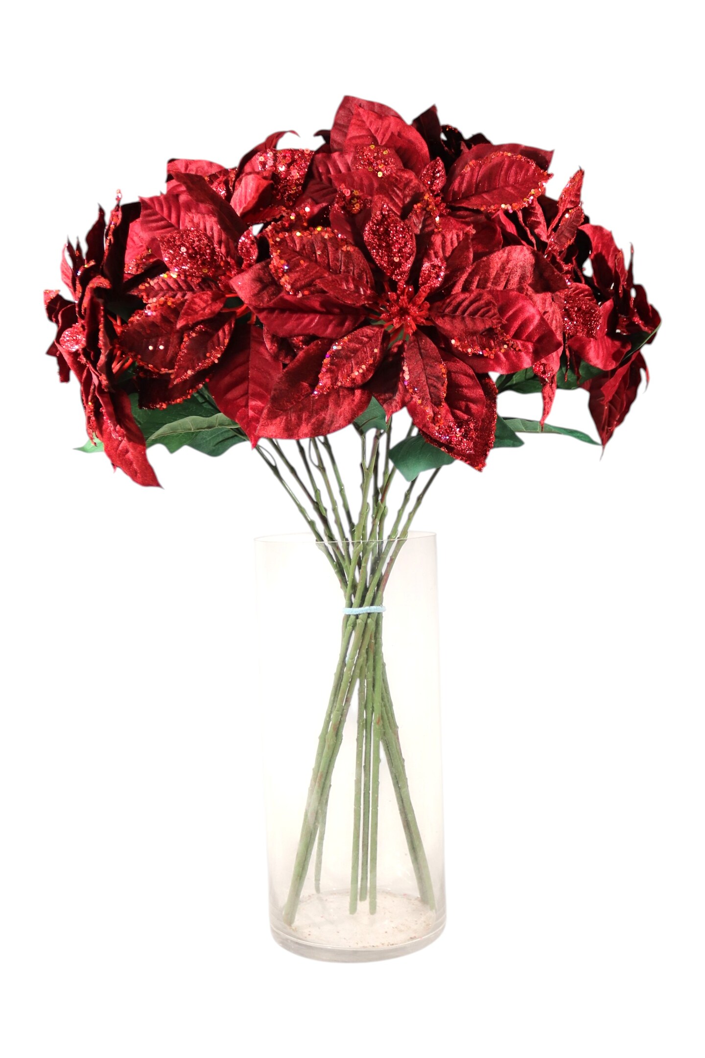 33&#x22; Poinsettia Burgundy&#x2013; Artificial Holiday Glitter D&#xE9;cor Flower, Christmas Faux Plant for Home, Wreaths &#x26; Centerpieces, Set of 3