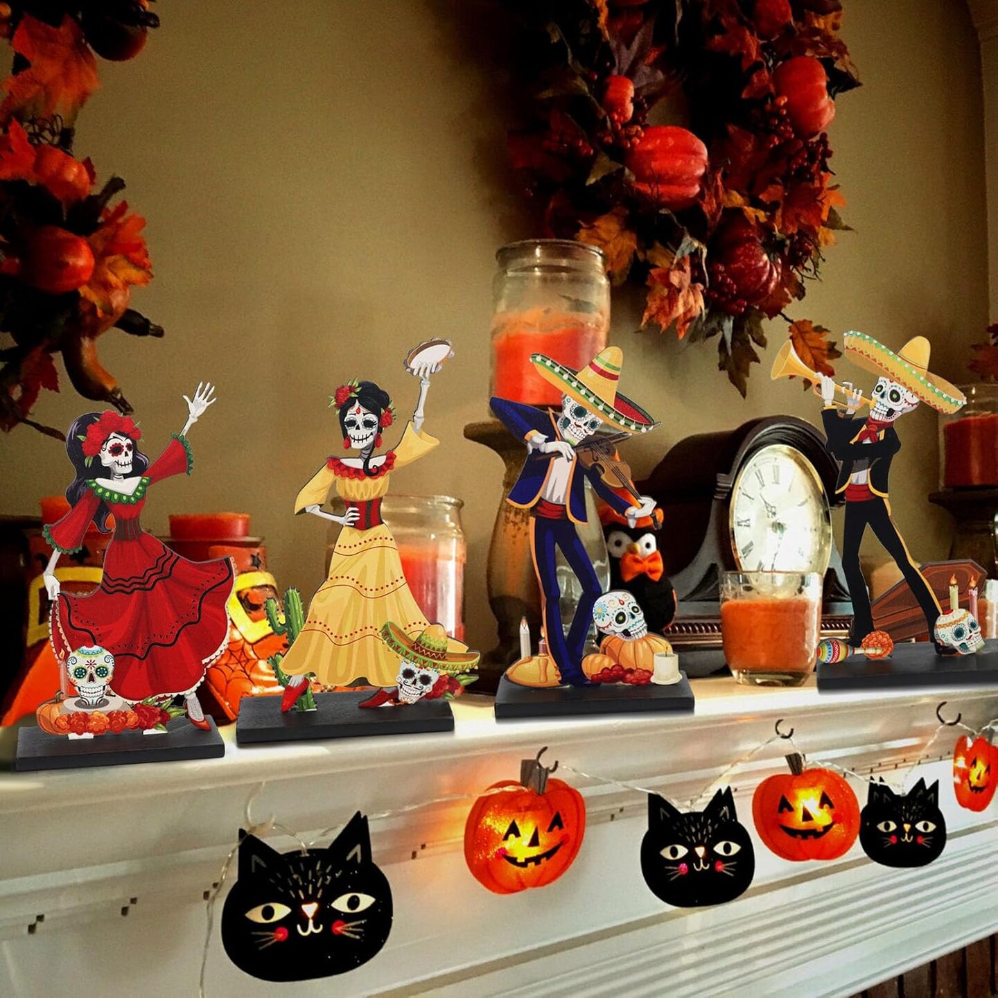 4 Pieces Day of The Dead Table Top Decorations Wooden Halloween Sign for Mexican Fiesta Decorations