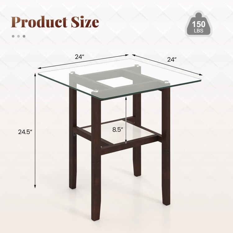 Transparent-Brown Tempered Glass 2-Tier Coffee Table with Rubber Wood Frame
