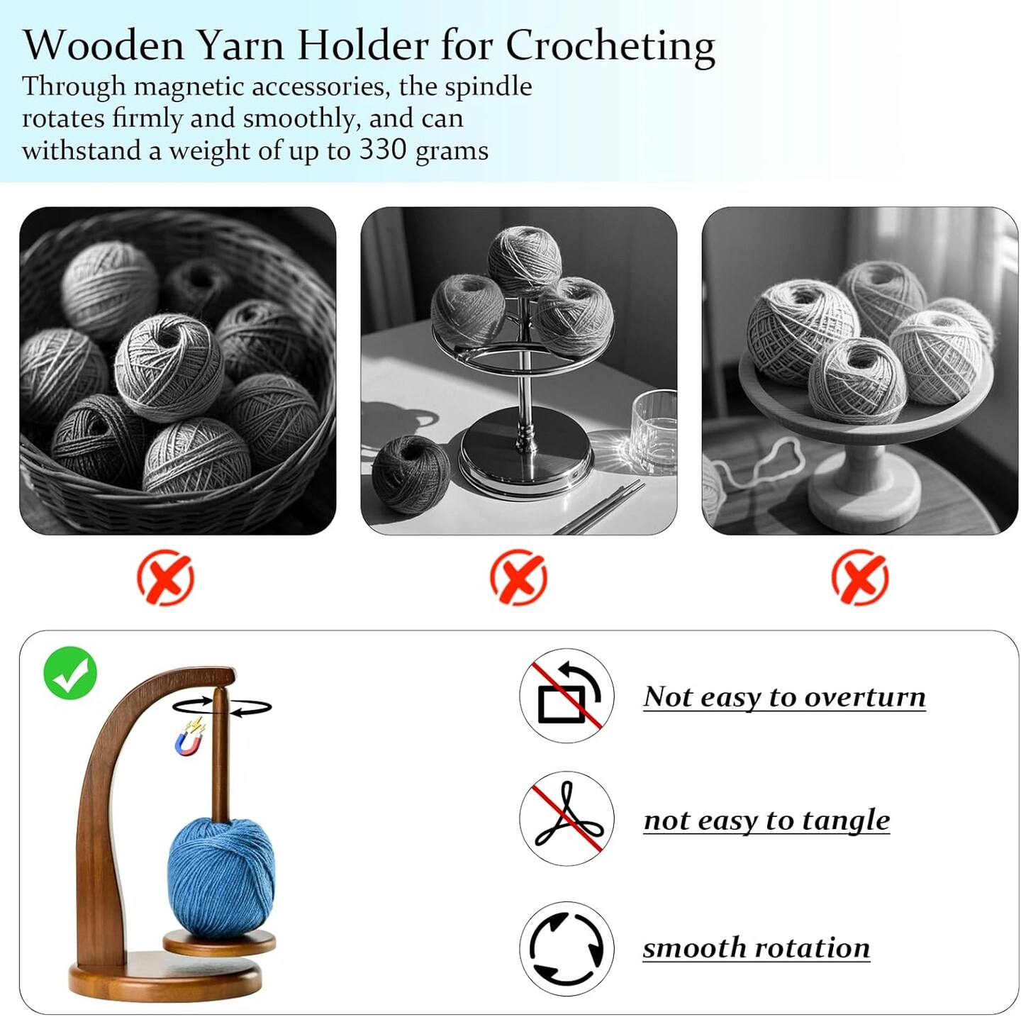 Premium Wooden Yarn Holder for Crocheting and Knitting, 360° Rotating Yarn Spinner