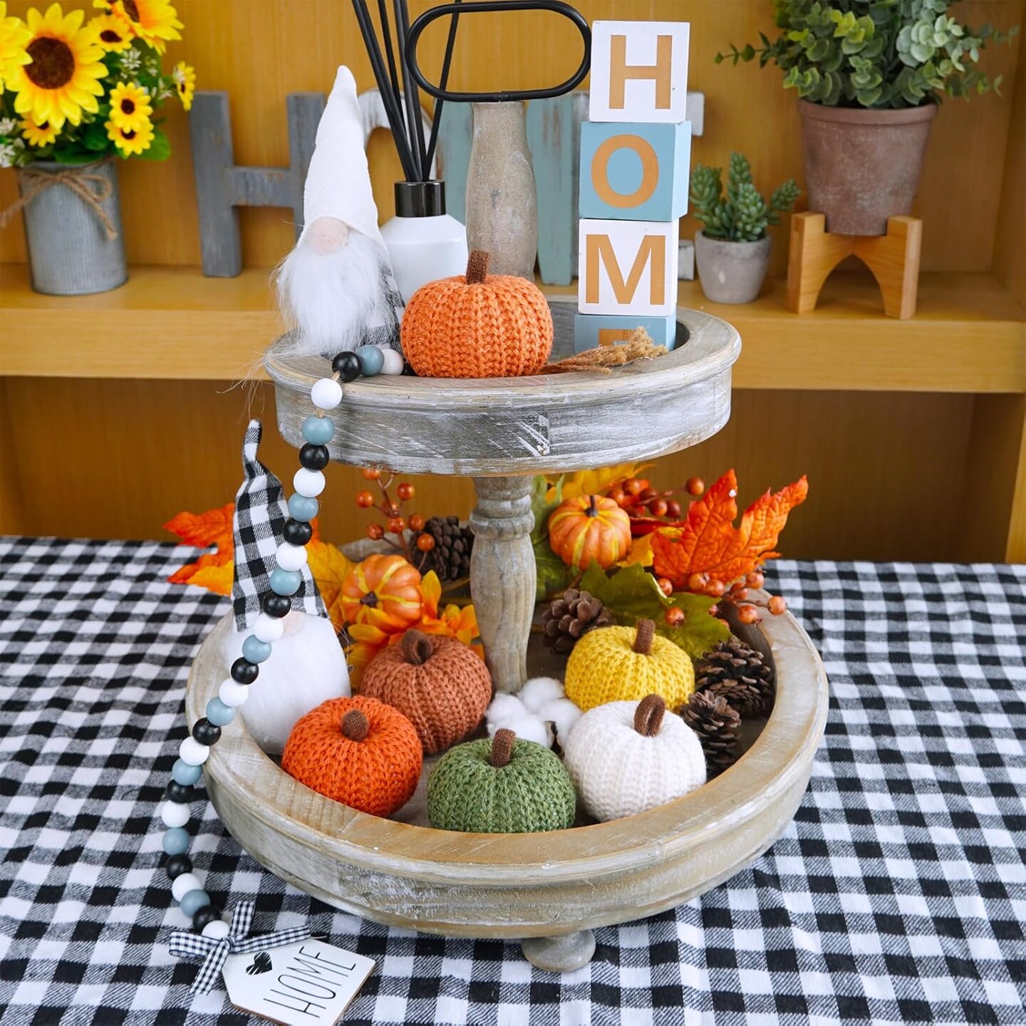 Set of 6 Faux Fall Harvest Crochet Pumpkins Small Knit Pumpkins in Orange Yellow Green Brown Cream Rustic Farmhouse