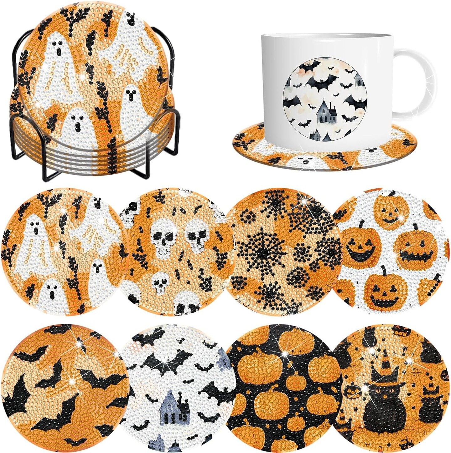 8 Pieces Halloween Diamond Art Coasters with Holder – 5D Full Drill DIY Diamond Dot Coaster Kit for Adults, Halloween Gift & Table Decor