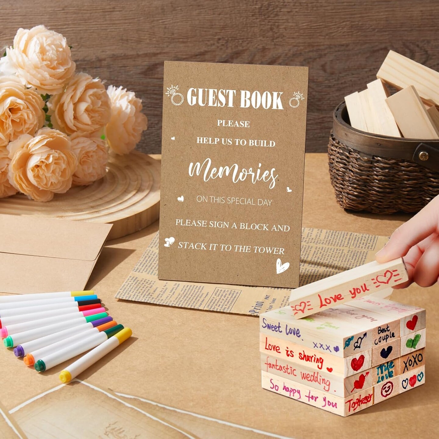 Beeveer 80 Pcs Wedding Guest Book Alternative Wooden Block Guest Book for Wedding Sign in Bridal Shower Decoration Wooden Block Bridal Shower Game for Sign in, Reception(Boho)