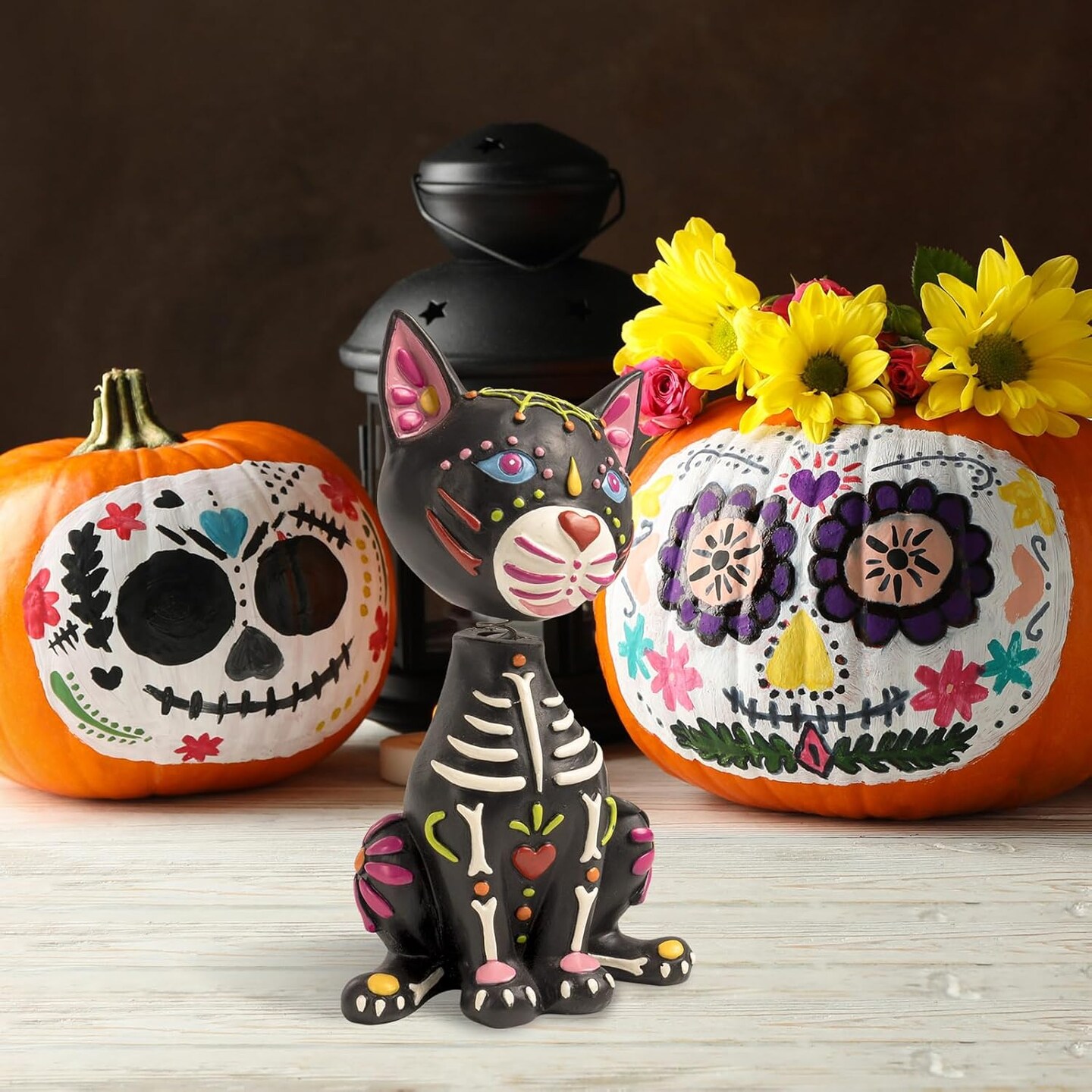 Day of The Dead Cat Figurine, 5.9&#x22; Resin Dia De Los Muertos Sugar Skull Statue Ofrenda Altar Table Top Decorations for Home
