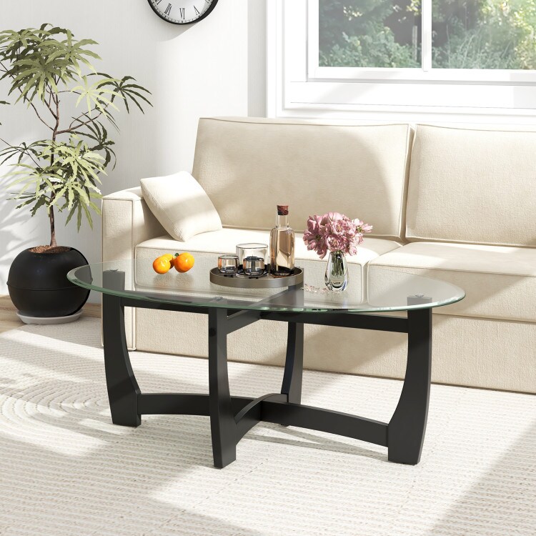 Black Rubber and Bentwood Oval Coffee Table with Tempered Glass Top