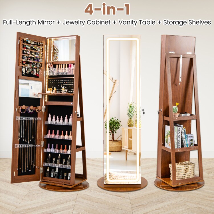 Brown Freestanding Jewelry Organizer with Lockable Door Included Lighted Full Mirror