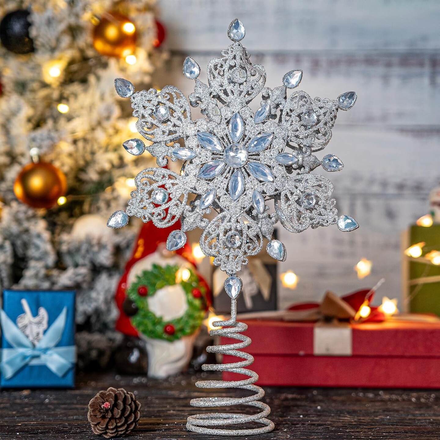 Tree Topper Metal Silver Star Snowflake Treetop (Kali) 9"L x 2.5"W x 14"H