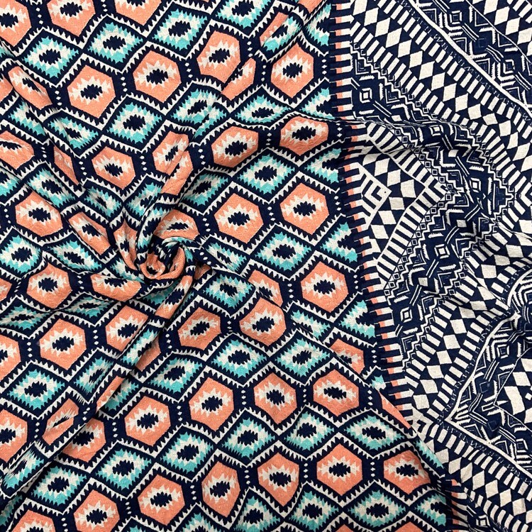 Coral-Teal-Multi Cotton Aztec Border Printed Dobby Woven Fabric By the Yard