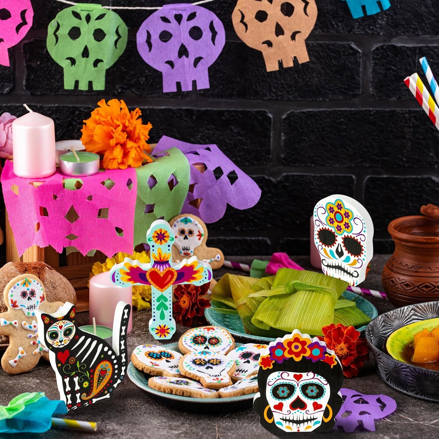 4pcs Day of the Dead Wooden Table Topper Centerpiece Signs, Mexican Dia De Los Muertos Cross Sugar Skull Skeleton