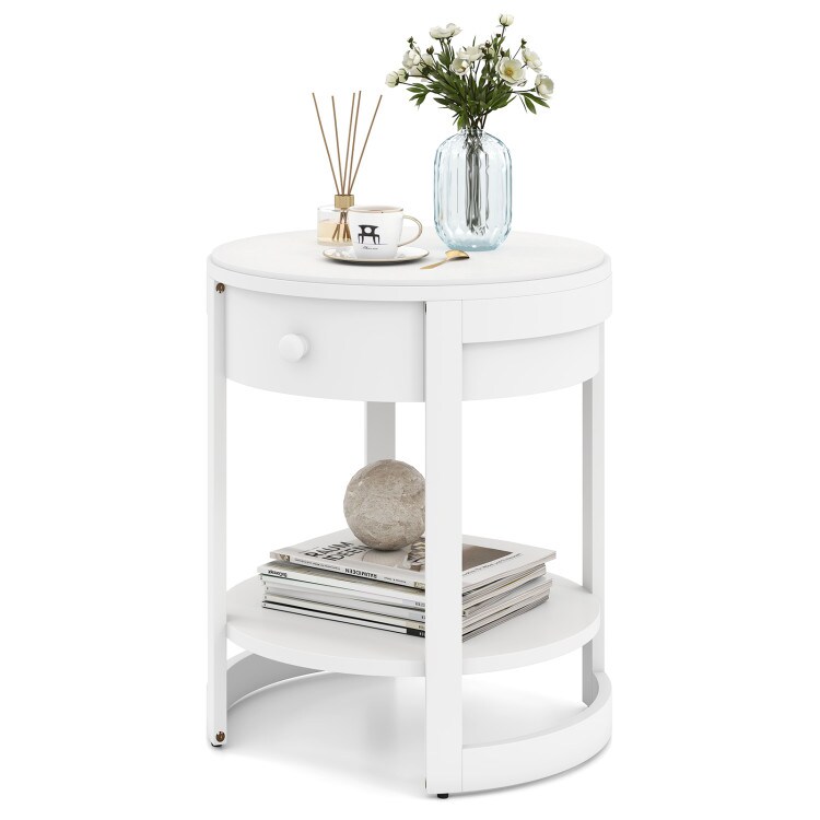 White Rubber Wood Round End Table with Drawer and Bottom Shelf