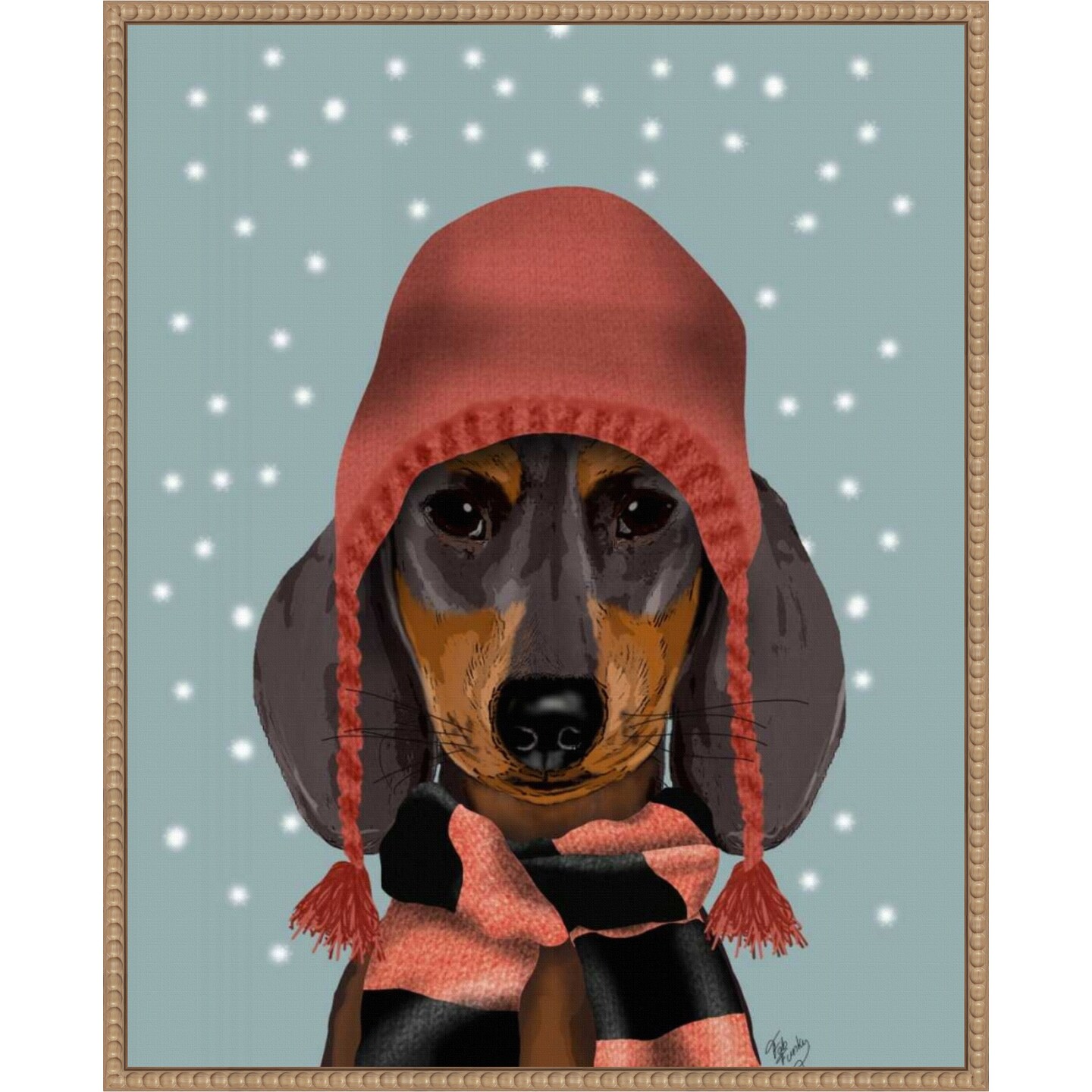 Dachshund With Woolly Hat and Scarf by Fab Funky 23-in. W x 28-in. H. Canvas Wall Art Print Framed