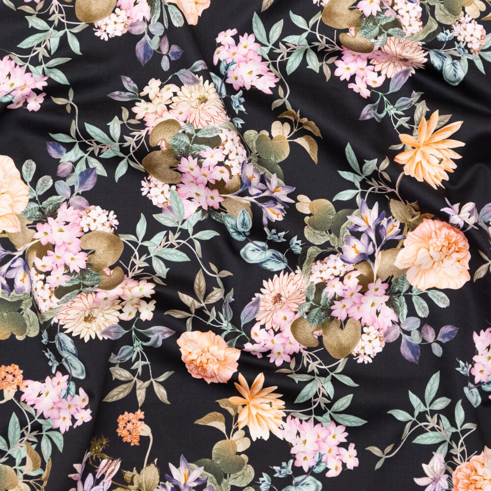 1 Yard Black & Pink Floral Stretch Cotton Sateen Fabric Trifling Thoughts 55 inch Width