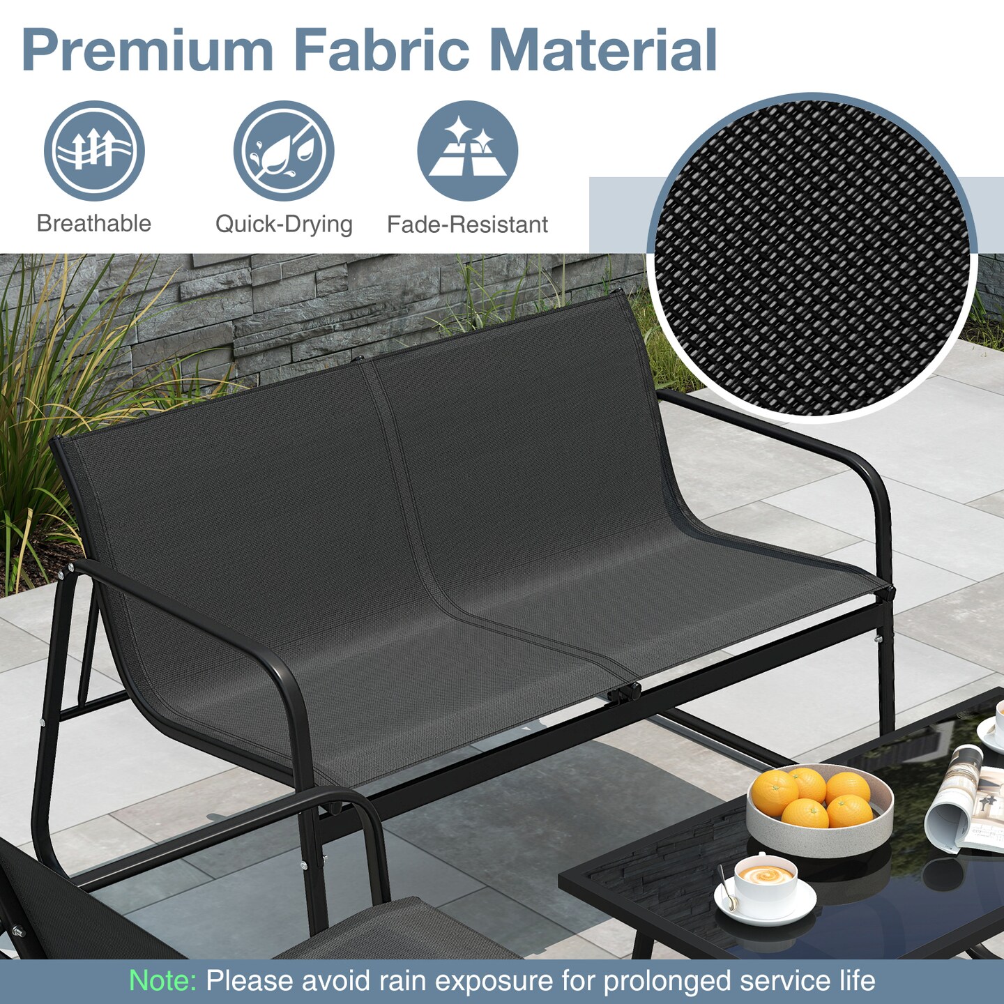 4 Pieces Patio Furniture Set Fabric Lawn Chairs and Loveseat with Glass Coffee Table