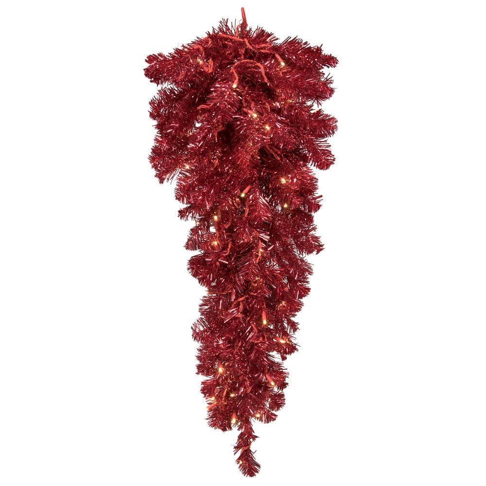 Vickerman 36" Artificial Deluxe Red Tinsel Christmas Teardrop, Warm White Single Wide Angle Mini Lights